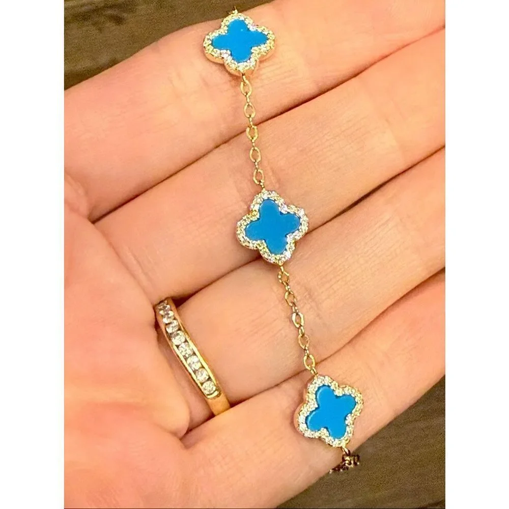 Stunning Gold Vermeil Blue Stone Clover Bracelet Moissanite Accents, Adjustable